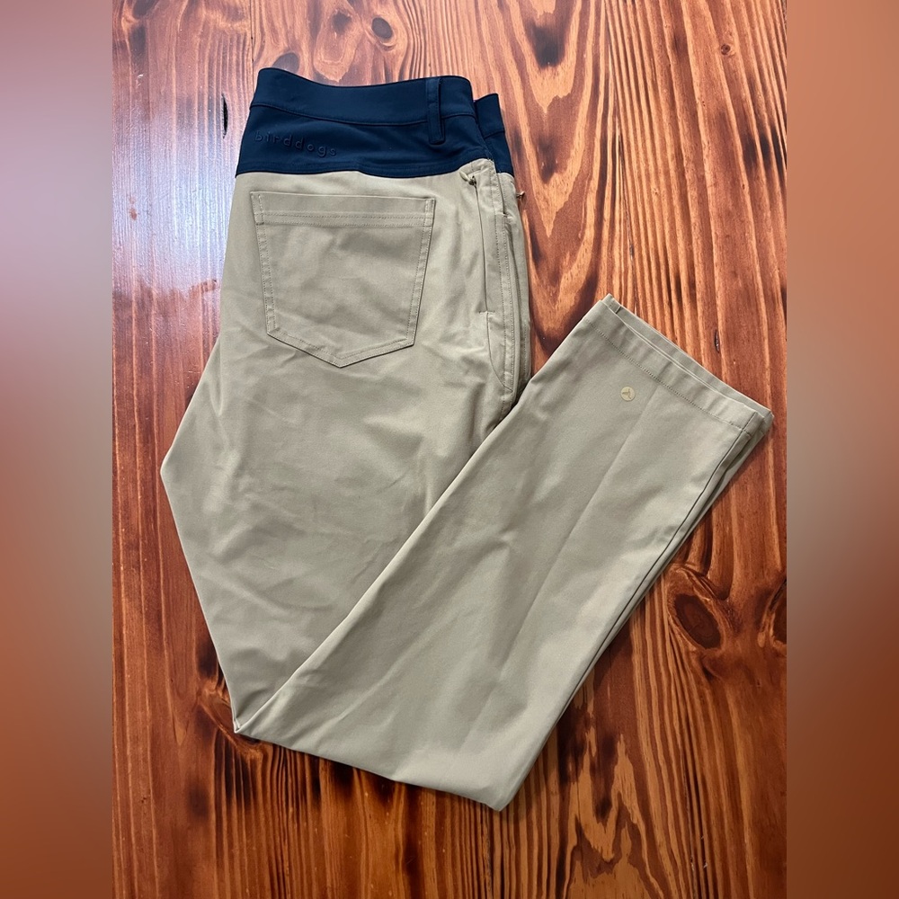 Birddogs Boom Pants 34x32 Khaki w/ Navy Waistband Golf Travel Stretch